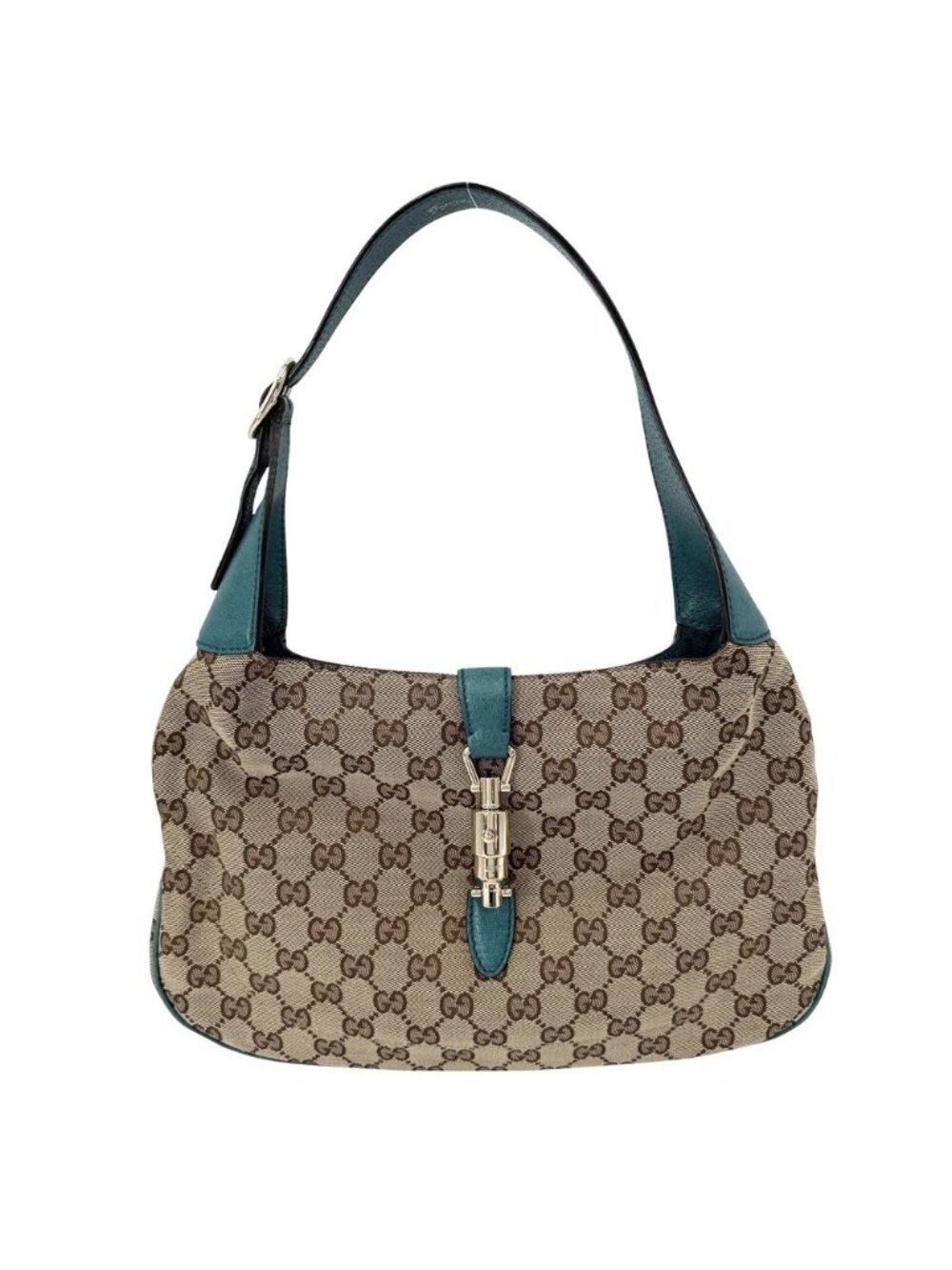 Gucci New Jackie GG Shoulder Bag Canvas Leather Beige Turquoise Blue Gold